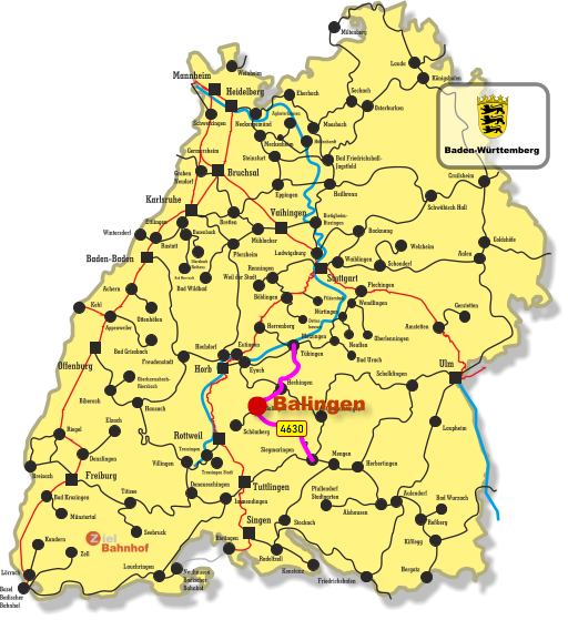 Freiburg Singen Vaihingen Tuttlingen Horb Ulm Bruchsal Heidelberg Rottweil Stuttgart Karlsruhe Offenburg Baden-Baden Mannheim Kehl Appenweiler Miltenberg Lauda Königshofen Osterburken Seckach Eberbach Moosbach Bad Friedrichshall- Jagstfeld Crailsheim Heilbronn Eppingen Meckesheim Hüffenhardt Aglasterhausen Neckargemünd Weinheim Germersheim Graben Neudorf Bretten Schwetzingen Schwäbisch Hall Backnang Waiblingen Rastatt Busenbach Bad Herrenalb Ittersbach Rathaus Mühlacker Pforzheim Bad Wildbad Ettlingen Steinsfurt Immendingen Wintersdorf Bietigheim- Bissingen Ludwigsburg Weil der Stadt Renningen Böblingen Filderstadt Detten- hausen Achern Bad Griesbach Ottenhöfen Freudenstadt Eutingen Herrenberg Hochdorf Tübingen Eyach Hechingen Balingen Schömberg Siegmaringen Villingen Trossingen Trossingen Stadt Hausach Biberach Oberharmsbach- Riersbach Denzlingen Elzach Breisach Bad Krozingen Münstertal Riegel Donaueschingen Titisee Seebruck Lörrach Kandern Basel Badischer Bahnhof Zell Neuhausen Badischer Bahnhof Bietingen Lauchringen Konstanz Radolfzell Stockach Welzheim Schondorf Amstetten Gerstetten Aalen Plochingen Wendlingen Oberlenningen Bad Urach Neuffen Metzingen Nürtingen Gammertingen Herbertingen Mengen Schelklingen Pfullendorf Stadtgarten Alshausen Aulendorf Bad Wurzach Roßberg Kißlegg Hergatz Friedrichshafen Laupheim Goldshöfe 4630 Balingen Baden-Württemberg