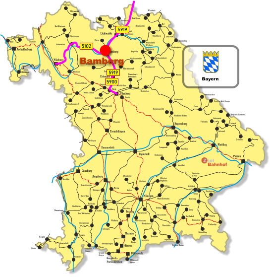 Wurzbach Lichtenfels Bamberg Erlangen Ingolstadt Tutzing Oberau Aschaffenburg Treuchtlingen Mittenwald Donauwörth Wüzburg Nürnberg Regensburg Plattling Passau Augsburg Murnau Günzburg München Melrichstadt Fludungen Ebenhausen Bad Kissingen Schweinfurt Kitzingen Gemünden Kahl Schönkrippen Miltenberg Ebern Coburg Bad Rodach Sonneberg Behringersmühle Ebermannstadt Forchheim Strullendorf Schlüsselfeld Fürth Markt Erlbach Cadolzburg Neustadt (Aisch) Steinach Rothenburg a.d.T. Ansbach Dombühl Windsbach Wickelsgreuth Pleinfeld Gunzenhausen Maxhütte-Haidhof Burglengenfeld Schwandorf Cham Waldmünchen Furth im Wald Grenze Lahm Weiden Neunkirchen Siegelsdorf Kirchenlaibach Schnabelwaid Bayreuth Weidenberg Neuenmarkt Wirsberg Münchberg Helmbrechts Hof Bad Steben Selb Stadt Schirnding Marktredwitz Neukirchen Simmelsdorf- Hüttenbach Hergatz Lindau Neu-Ulm Memmingen Mindelheim Buchloe Türkheim Bad Wörishofen Biessenhofen Füssen Kempten Garmisch- Partenkirchen Griesen  Grenze Pfronten Grenze Oberstdorf Immenstadt Oberammergau Weilheim Schöngau Landsberg Kaufering Bobingen Markt Wald Gessertshausen Mering Geltendorf Nördlingen Obertraubling Radldorf Neufahrn Eggmühl Langquaid Neuhausen Landshut Herrsching Wolfratshausen Dachau Altomünster München Flughafen Erding Markt Schwaben Grafing Wasserburg Neufahrn Mühldorf Neumarkt- St. Veit Rosenheim Deisenhofen Holzkirchen Kreuzstraße Lenggries Kochel Tegernsee Bayrischzell Traunstein Freyung Grafenau Zwiesel Bayrisch Eisenstein Bodenmais Viechtach Gotteszell Tüßling Burghausen Garching Obing Bad Endorf Feucht Waging Ruhpolding Freilassing Kufstein Grenze Mittenwald Grenze Hochstadt- Marktzeuln 5102 5900 5919 5919 Bayern Bamberg