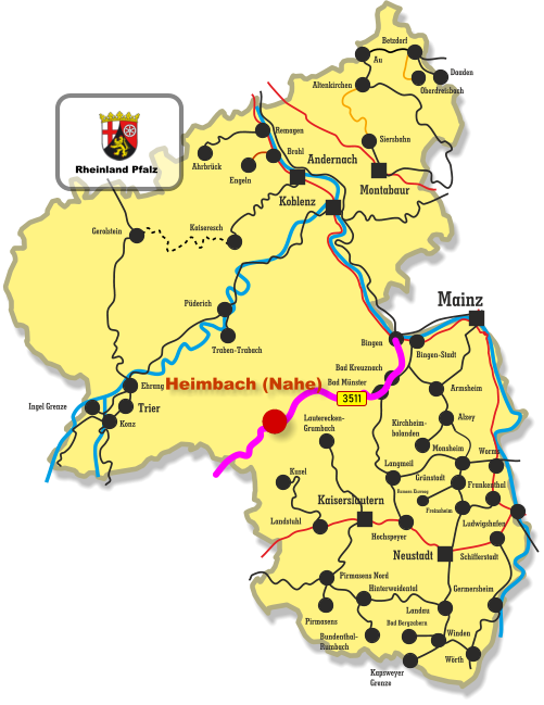 Kaiseresch Brohl Engeln Neustadt Koblenz Montabaur Mainz Kaiserslautern Andernach Remagen Ahrbrück Siershahn Au Altenkirchen Betzdorf Daaden Oberdreisbach Bingen Bingen-Stadt Bad Kreuznach Bad Münster Armsheim Alzey Kirchheim- bolanden Hochspeyer Kusel Lauterecken- Grumbach Landstuhl Konz Ingel Grenze Ehrang Traben-Trabach Püderich Gerolstein Landau Pirmasens Pirmasens Nord Hinterweidental Bundenthal- Rumbach Winden Bad Bergzabern Kapsweyer Grenze Worms Schifferstadt Monsheim Langmeil Freinsheim Grünstadt Ramsen Eiswoog Frankenthal Ludwigshafen Trier Germersheim Wörth 3511 Heimbach (Nahe) Rheinland Pfalz