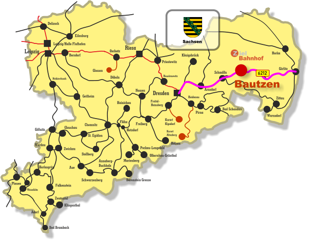 Hainichen Plauen Herlasgrün Falkenstein Zwickau Werdau Gößnitz Glauchau Borsdorf Geitheim Neikieritzsch Delizsch Eilenburg Riesa Leipzig/Halle Flufhafen Leipzig Dresden Chemnitz Döbeln Oschatz Glossen Nossen Kurort Kipsdorf Freital- Hainsberg Heidenau Freiberg Holzau St. Egidien Stollberg Hetzdorf Annaberg- Buchholz Flöha Neusörnewitz Görlitz Horka Arnsdorf Königsbrück Schmölln Zittau Warnsdorf Bad Schandau Pirna Kurort Altenberg Priestewitz Schwarzenberg Aue Marienberg Bärenstein Grenze Olbernhau-Grünthal Pockau-Lengefeld Zwotental Bad Brambach Adorf Klingenthal Weischlitz 6212 Sachsen Bautzen