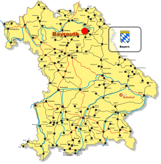 Wurzbach Lichtenfels Bamberg Erlangen Ingolstadt Tutzing Oberau Aschaffenburg Treuchtlingen Mittenwald Donauwörth Wüzburg Nürnberg Regensburg Plattling Passau Augsburg Murnau Günzburg München Melrichstadt Fludungen Ebenhausen Bad Kissingen Schweinfurt Kitzingen Gemünden Kahl Schönkrippen Miltenberg Ebern Coburg Bad Rodach Sonneberg Behringersmühle Ebermannstadt Forchheim Strullendorf Schlüsselfeld Fürth Markt Erlbach Cadolzburg Neustadt (Aisch) Steinach Rothenburg a.d.T. Ansbach Dombühl Windsbach Wickelsgreuth Pleinfeld Gunzenhausen Maxhütte-Haidhof Burglengenfeld Schwandorf Cham Waldmünchen Furth im Wald Grenze Lahm Weiden Neunkirchen Siegelsdorf Kirchenlaibach Schnabelwaid Bayreuth Weidenberg Neuenmarkt Wirsberg Münchberg Helmbrechts Hof Bad Steben Selb Stadt Schirnding Marktredwitz Neukirchen Simmelsdorf- Hüttenbach Hergatz Lindau Neu-Ulm Memmingen Mindelheim Buchloe Türkheim Bad Wörishofen Biessenhofen Füssen Kempten Garmisch- Partenkirchen Griesen  Grenze Pfronten Grenze Oberstdorf Immenstadt Oberammergau Weilheim Schöngau Landsberg Kaufering Bobingen Markt Wald Gessertshausen Mering Geltendorf Nördlingen Obertraubling Radldorf Neufahrn Eggmühl Langquaid Neuhausen Landshut Herrsching Wolfratshausen Dachau Altomünster München Flughafen Erding Markt Schwaben Grafing Wasserburg Neufahrn Mühldorf Neumarkt- St. Veit Rosenheim Deisenhofen Holzkirchen Kreuzstraße Lenggries Kochel Tegernsee Bayrischzell Traunstein Freyung Grafenau Zwiesel Bayrisch Eisenstein Bodenmais Viechtach Gotteszell Tüßling Burghausen Garching Obing Bad Endorf Feucht Waging Ruhpolding Freilassing Kufstein Grenze Mittenwald Grenze Hochstadt- Marktzeuln Bayern Bayreuth