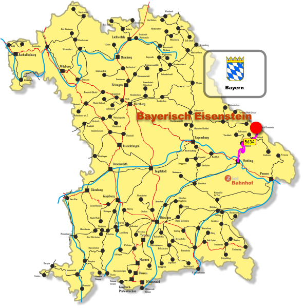 Wurzbach Lichtenfels Bamberg Erlangen Ingolstadt Tutzing Oberau Aschaffenburg Treuchtlingen Mittenwald Donauwörth Wüzburg Nürnberg Regensburg Plattling Passau Augsburg Murnau Günzburg München Melrichstadt Fludungen Ebenhausen Bad Kissingen Schweinfurt Kitzingen Gemünden Kahl Schönkrippen Miltenberg Ebern Coburg Bad Rodach Sonneberg Behringersmühle Ebermannstadt Forchheim Strullendorf Schlüsselfeld Fürth Markt Erlbach Cadolzburg Neustadt (Aisch) Steinach Rothenburg a.d.T. Ansbach Dombühl Windsbach Wickelsgreuth Pleinfeld Gunzenhausen Maxhütte-Haidhof Burglengenfeld Schwandorf Cham Waldmünchen Furth im Wald Grenze Lahm Weiden Neunkirchen Siegelsdorf Kirchenlaibach Schnabelwaid Bayreuth Weidenberg Neuenmarkt Wirsberg Münchberg Helmbrechts Hof Bad Steben Selb Stadt Schirnding Marktredwitz Neukirchen Simmelsdorf- Hüttenbach Hergatz Lindau Neu-Ulm Memmingen Mindelheim Buchloe Türkheim Bad Wörishofen Biessenhofen Füssen Kempten Garmisch- Partenkirchen Griesen  Grenze Pfronten Grenze Oberstdorf Immenstadt Oberammergau Weilheim Schöngau Landsberg Kaufering Bobingen Markt Wald Gessertshausen Mering Geltendorf Nördlingen Obertraubling Radldorf Neufahrn Eggmühl Langquaid Neuhausen Landshut Herrsching Wolfratshausen Dachau Altomünster München Flughafen Erding Markt Schwaben Grafing Wasserburg Neufahrn Mühldorf Neumarkt- St. Veit Rosenheim Deisenhofen Holzkirchen Kreuzstraße Lenggries Kochel Tegernsee Bayrischzell Traunstein Freyung Grafenau Zwiesel Bayrisch Eisenstein Bodenmais Viechtach Gotteszell Tüßling Burghausen Garching Obing Bad Endorf Waging Ruhpolding Freilassing Kufstein Grenze Mittenwald Grenze Hochstadt- Marktzeuln 5634 Bayern Bayerisch Eisenstein
