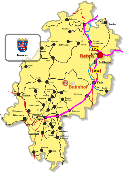 Baunatal- Guntershausen Bebra Kassel Wiesbaden Darmstadt Bad Hersfeld Fulda Hanau Limburg Frankfurt Wetzlar Gießen Haiger Cölbe Frankenberg Battenberg Eichenberg Volkmarsen Naumburg Bad Wildungen Wabern Gersfeld Schlüchtern Friedberg Niedernhausen Friedrichsdorf Brandoberndorf Nidda Beienheim Wölfersheim- Södel Gelnhausen Glauburg- Stockheim Nidderau Bad Vilbel Babenhausen Dieburg Dietzenbach Rödermark- Ober Roden Dreieich- Buchschlag Groß-Umstadt Wiebelsbach Fürth Bensheim Bürstadt Ffm-Höchst 6340 3600 Bebra Hessen