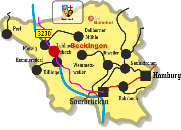 Homburg Saarbrücken Ottweiler Neunkirchen Rohrbach Lehbach- Jabach Wemmets- weiler Dillingen Hemmersdorf Merzig Dellborner Mühle Perl 3230 Saarland Beckingen