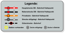 Legende: Hauptstrecke DB - Bahnhof Haltepunkt Nebenstrecke DB - Bahnhof Haltepunkt Privatbahn - Bahnhof Haltepunkt Zeche stillgelegt Zeche in Betrieb Strecke stillgelegt - Bahnhof Haltepunkt  Station vorhanden Güterstrecke - Bahnhof