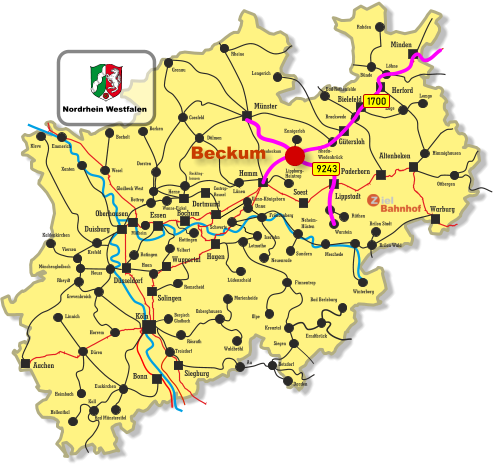 Unna-Königsborn Letmathe Iserlohn Castrop- Rauxel Unna Himmighausen Rheydt Remscheid Bergisch Gladbach Bocholt Borken Dorsten Wesel Xanten Mönchengladbach Kleve Viersen Emmerich Münster Warburg Altenbeken Paderborn Lippstadt Soest Siegburg Aachen Haan Ratingen Bonn Minden Herford Bielefeld Gütersloh Hamm Dortmund Duisburg Essen Mülheim Oberhausen Bochum Hagen Wuppertal Solingen Düsseldorf Köln Gronau Lünen Bottrop Gladbeck West Herne Reckling- hausen Kaldenkirchen Neuss Krefeld Grevenbroich Horrem Düren Kall Hellenthal Heimbach Linnich Euskirchen Bad Münstereifel Au Marienheide Lüdenscheid Fröndenberg Rüthen Warstein Lippborg- Heintrop Neubeckum Ennigerloh Neuenrade Sundern Neheim- Hüsten Finnentrop Olpe Schwerte Wanne-Eickel Meschede Winterberg Brilon Stadt Brilon Wald Siegen Kreuztal Waldbröhl Osberghausen Betzdorf Daaden Erndtbrück Troisdorf Bad Berleburg Ottbergen Dülmen Coesfeld Löhne Lage Lemgo Brackwede Rheda- Wiedenbrück Bad Rothenfelde Bünde Lengerich Rheine Rahden Hattingen Velbert Rösrath 1700 9243 Nordrhein Westfalen Beckum