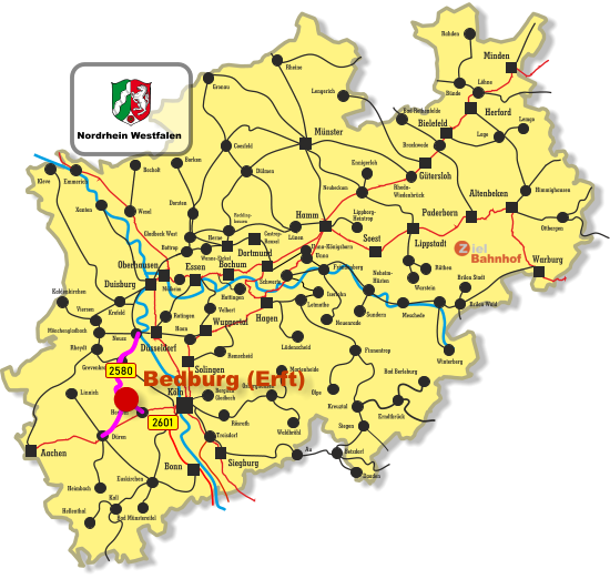 Unna-Königsborn Letmathe Iserlohn Castrop- Rauxel Unna Himmighausen Rheydt Remscheid Bergisch Gladbach Bocholt Borken Dorsten Wesel Xanten Mönchengladbach Kleve Viersen Emmerich Münster Warburg Altenbeken Paderborn Lippstadt Soest Siegburg Aachen Haan Ratingen Bonn Minden Herford Bielefeld Gütersloh Hamm Dortmund Duisburg Essen Mülheim Oberhausen Bochum Hagen Wuppertal Solingen Düsseldorf Köln Gronau Lünen Bottrop Gladbeck West Herne Reckling- hausen Kaldenkirchen Neuss Krefeld Grevenbroich Horrem Düren Kall Hellenthal Heimbach Linnich Euskirchen Bad Münstereifel Au Marienheide Lüdenscheid Fröndenberg Rüthen Warstein Lippborg- Heintrop Neubeckum Ennigerloh Neuenrade Sundern Neheim- Hüsten Finnentrop Olpe Schwerte Wanne-Eickel Meschede Winterberg Brilon Stadt Brilon Wald Siegen Kreuztal Waldbröhl Osberghausen Betzdorf Daaden Erndtbrück Troisdorf Bad Berleburg Ottbergen Dülmen Coesfeld Löhne Lage Lemgo Brackwede Rheda- Wiedenbrück Bad Rothenfelde Bünde Lengerich Rheine Rahden Hattingen Velbert Rösrath 2601 2580 Nordrhein Westfalen Bedburg (Erft)