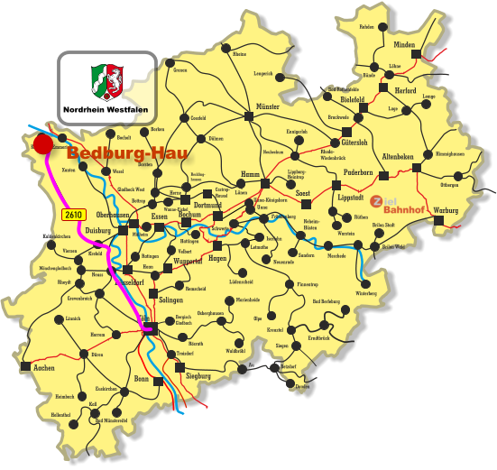 Unna-Königsborn Letmathe Iserlohn Castrop- Rauxel Unna Himmighausen Rheydt Remscheid Bergisch Gladbach Bocholt Borken Dorsten Wesel Xanten Mönchengladbach Kleve Viersen Emmerich Münster Warburg Altenbeken Paderborn Lippstadt Soest Siegburg Aachen Haan Ratingen Bonn Minden Herford Bielefeld Gütersloh Hamm Dortmund Duisburg Essen Mülheim Oberhausen Bochum Hagen Wuppertal Solingen Düsseldorf Köln Gronau Lünen Bottrop Gladbeck West Herne Reckling- hausen Kaldenkirchen Neuss Krefeld Grevenbroich Horrem Düren Kall Hellenthal Heimbach Linnich Euskirchen Bad Münstereifel Au Marienheide Lüdenscheid Fröndenberg Rüthen Warstein Lippborg- Heintrop Neubeckum Ennigerloh Neuenrade Sundern Neheim- Hüsten Finnentrop Olpe Schwerte Wanne-Eickel Meschede Winterberg Brilon Stadt Brilon Wald Siegen Kreuztal Waldbröhl Osberghausen Betzdorf Daaden Erndtbrück Troisdorf Bad Berleburg Ottbergen Dülmen Coesfeld Löhne Lage Lemgo Brackwede Rheda- Wiedenbrück Bad Rothenfelde Bünde Lengerich Rheine Rahden Hattingen Velbert Rösrath 2610 Nordrhein Westfalen Bedburg-Hau
