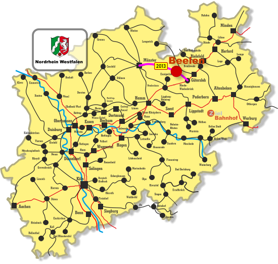Unna-Königsborn Letmathe Iserlohn Castrop- Rauxel Unna Himmighausen Rheydt Remscheid Bergisch Gladbach Bocholt Borken Dorsten Wesel Xanten Mönchengladbach Kleve Viersen Emmerich Münster Warburg Altenbeken Paderborn Lippstadt Soest Siegburg Aachen Haan Ratingen Bonn Minden Herford Bielefeld Gütersloh Hamm Dortmund Duisburg Essen Mülheim Oberhausen Bochum Hagen Wuppertal Solingen Düsseldorf Köln Gronau Lünen Bottrop Gladbeck West Herne Reckling- hausen Kaldenkirchen Neuss Krefeld Grevenbroich Horrem Düren Kall Hellenthal Heimbach Linnich Euskirchen Bad Münstereifel Au Marienheide Lüdenscheid Fröndenberg Rüthen Warstein Lippborg- Heintrop Neubeckum Ennigerloh Neuenrade Sundern Neheim- Hüsten Finnentrop Olpe Schwerte Wanne-Eickel Meschede Winterberg Brilon Stadt Brilon Wald Siegen Kreuztal Waldbröhl Osberghausen Betzdorf Daaden Erndtbrück Troisdorf Bad Berleburg Ottbergen Dülmen Coesfeld Löhne Lage Lemgo Brackwede Rheda- Wiedenbrück Bad Rothenfelde Bünde Lengerich Rheine Rahden Hattingen Velbert Rösrath 2013 Nordrhein Westfalen Beelen