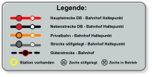 Legende: Hauptstrecke DB - Bahnhof Haltepunkt Nebenstrecke DB - Bahnhof Haltepunkt Privatbahn - Bahnhof Haltepunkt Zeche stillgelegt Zeche in Betrieb Strecke stillgelegt - Bahnhof Haltepunkt  Station vorhanden Güterstrecke - Bahnhof