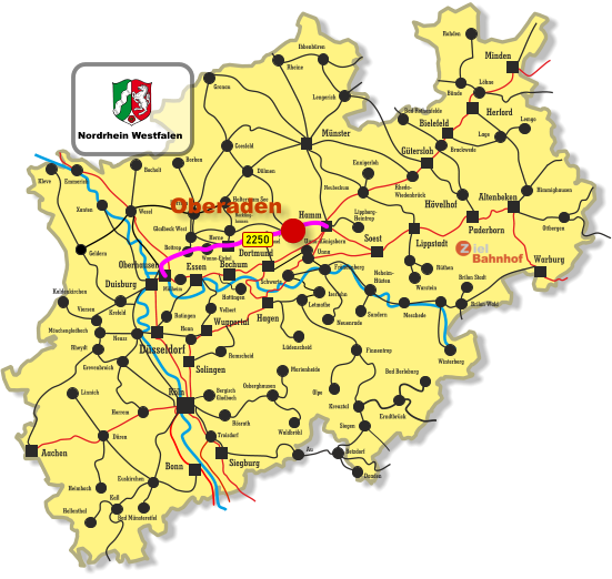 Unna-Königsborn Letmathe Iserlohn Castrop- Rauxel Unna Himmighausen Rheydt Remscheid Bergisch Gladbach Bocholt Borken Dorsten Wesel Xanten Mönchengladbach Kleve Viersen Emmerich Münster Warburg Altenbeken Paderborn Lippstadt Soest Siegburg Aachen Haan Ratingen Bonn Minden Herford Bielefeld Gütersloh Hamm Dortmund Duisburg Essen Mülheim Oberhausen Bochum Hagen Wuppertal Solingen Düsseldorf Köln Gronau Lünen Bottrop Gladbeck West Herne Reckling- hausen Kaldenkirchen Neuss Krefeld Grevenbroich Horrem Düren Kall Hellenthal Heimbach Linnich Euskirchen Bad Münstereifel Au Marienheide Lüdenscheid Fröndenberg Rüthen Warstein Ibbenbüren Lippborg- Heintrop Neubeckum Ennigerloh Neuenrade Sundern Neheim- Hüsten Finnentrop Olpe Schwerte Hövelhof Wanne-Eickel Meschede Winterberg Brilon Stadt Brilon Wald Siegen Kreuztal Waldbröhl Osberghausen Betzdorf Daaden Erndtbrück Troisdorf Bad Berleburg Geldern Ottbergen Dülmen Coesfeld Löhne Lage Lemgo Brackwede Rheda- Wiedenbrück Bad Rothenfelde Bünde Lengerich Rheine Rahden Hattingen Velbert Haltern am See Rösrath 2250 Nordrhein Westfalen Oberaden