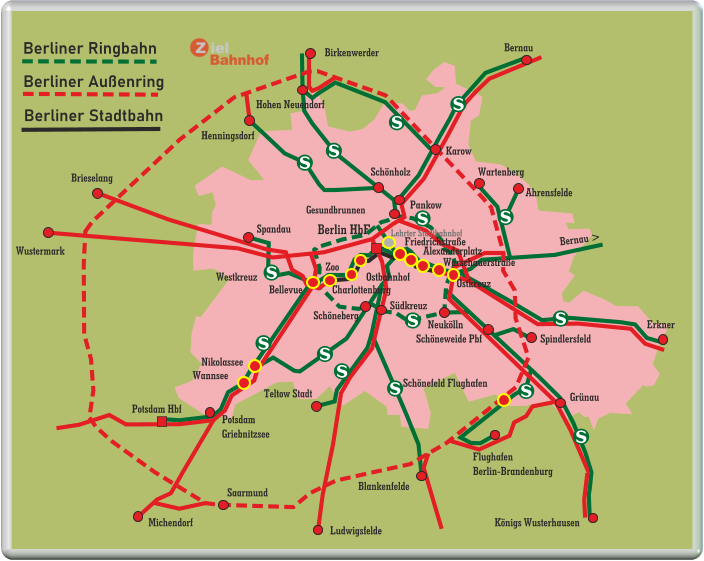 Berliner Ringbahn Berliner Außenring Berliner Stadtbahn Südkreuz Wannsee Nikolassee Wustermark Brieselang Potsdam Hbf Potsdam Griebnitzsee Spandau Berlin HbF Charlottenburg Zoo Westkreuz Neukölln Schöneberg Teltow Stadt Schönefeld Flughafen Flughafen Berlin-Brandenburg Bellevue Ostbahnhof Ostkreuz Spindlersfeld Schöneweide Pbf Grünau Königs Wusterhausen Ahrensfelde Wartenberg Bernau > Erkner Karow Bernau Henningsdorf Hohen Neuendorf Birkenwerder Pankow Gesundbrunnen Schönholz Blankenfelde Ludwigsfelde Saarmund Michendorf Warschauerstraße Alexanderplatz Friedrichstraße Lehrter Stadtbahnhof