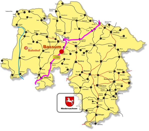Börßum Neuekrug- Hahausen Oker Oldenburg Verden Hildesheim Wolfsburg Hannover Celle Uelzen Lüneburg Braunschweig Helmstedt Göttingen Nienburg Bremen Delmenhorst Osnabrück Eichenberg Bodenfelde Nordheim Kreiensen Einbeck Juliusmühle Seesen Herzberg Hameln Bad Harzburg Vienenburg Leer Westerstede- Ocholt Ihrhove Friesoythe Sedelsberg Emden Hude Hesepe Essen Cloppenburg OS-Eversburg Wilhelmshaven Nordenham Salzbergen Meppen Nordhorn Bad Bentheim Sande Esens Aurich Dornum Norddeich Mole Norden Bremerhaven Bremerhaven Seehafen Bremervörde Buxtehude Stade Maschen Hützel Winsen Niedermarschacht Achterdeich Cuxhaven Osterholz- Scharmbeck Buchholz Tostedt Zeven Rotenburg (Wümme) Uchte Sullingen Barenburg Diepholz Soltau Stemmen Eystrup Asendorf Syke Walsrode Hollige Haste Wunsdorf Lehrte Fallersleben Nordstemmen Weetzen Gifhorn Salzgitter- Ringelheim Salzgitter-Bad Schöppenstedt Wieren Wittingen Dannenberg Ost 2200 Niedersachsen Bassum
