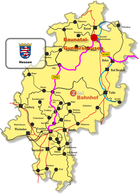 Baunatal- Guntershausen Bebra Kassel Wiesbaden Darmstadt Bad Hersfeld Fulda Hanau Limburg Frankfurt Wetzlar Gießen Haiger Cölbe Frankenberg Battenberg Eichenberg Volkmarsen Naumburg Bad Wildungen Wabern Gersfeld Schlüchtern Friedberg Niedernhausen Friedrichsdorf Brandoberndorf Nidda Beienheim Wölfersheim- Södel Korbach Gelnhausen Glauburg- Stockheim Nidderau Bad Vilbel Babenhausen Dieburg Dietzenbach Rödermark- Ober Roden Dreieich- Buchschlag Groß-Umstadt Wiebelsbach Fürth Bensheim Bürstadt Ffm-Höchst 6340 3900 Baunatal- Guntershausen Hessen